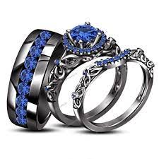 14k Black Gold Finish 2 50 Ct Sapphire Engagement Ring Wedding Trio Set His Her Giftjewelry22 Black Gold Ring Black Gold Jewelry Wedding Ring Trio Sets