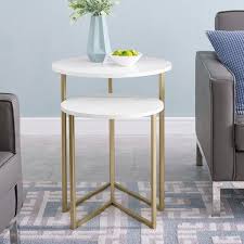 Shop Silver Orchid V Leg Nesting Side Table Set On Sale Overstock 28758516 Gold White Faux Mar In 2020 Sofa End Tables White Round Side Table Round Table Top