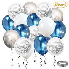 Bring the outdoors in with a fun twist and use ivy ribbon tied to the balloons in place of string! Metallic Blue And Silver Confetti Latex Balloons Nesus 50 Pcs 12 Inch White And Metallic Silver Glitter Birthday Party Balloons With 65 Feet Silver Ribbon For Baby Shower Wedding Decorations Buy Online