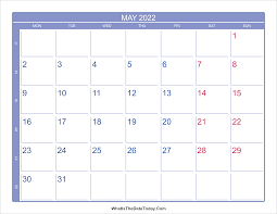 2022 May Calendar With Week Numbers Whatisthedatetoday Com