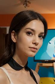 There is a woman with a black shirt and a pair of scissors