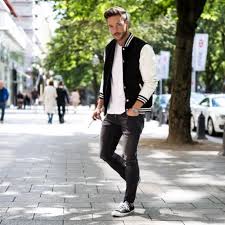 Black And White Varsity Jacket Outfit Fall In Black And White Menswear Mens Style Mens Hairstyle Varsity Jacket Denim Sneakers Sporty Casual Style Casual Fashion Varsity Jacket Outfit