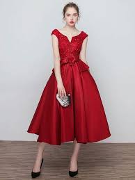 Burgundy Mother Dress Satin Peplum Cocktail Dress Notched Neckline Beading Flower A Line Tea Length Wedding Guest Dresses Red Cocktail Dress Dresses Mothers Dresses