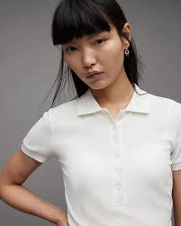 All Saints Womens White Hallie Polo Shirt Designer Ribbed Slim Fit T-Shirt  Tee