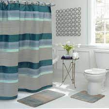 If your bathroom decor is modern, why not add a splash of color with this stylish shower curtain by deny designs? Bath Fusion Regent Stripe 30 In L X 18 In W 15 Piece Bath Rug And Shower Curtain Set In Blue And Grey Ymb006535 The Home Depot