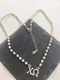 Chi Omega Necklace Licensed Greek Letter Pearl Lavalier Chi O Etsy Sorority Necklaces Sorority Jewelry Chi Omega