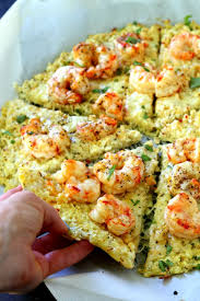 Shrimp Scampi Cauliflower Crust Pizza Recipe Cauliflower Crust Pizza Food Seafood Recipes