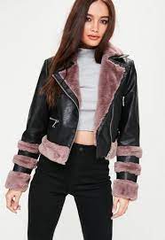 Black Biker Jacket With Faux Fur Trim In Pink Long Sleeves And Two Front Pockets As Worn By Babesofmissguided Coats Jackets Women Jackets Black Biker Jacket