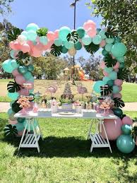 Theme Outdoor Birthday Party Decoration Ideas For Adults Mint Green Pink Balloons Palm Leaves Flamingos Cake Stans Cupcakes Donuts 18th Birthday In 2020 Summer Party Decorations Outdoors Birthday Party Summer Birthday Party