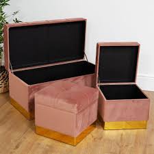 Plaid and floral pink storage bench. Pink Velvet Storage Ottoman Set Of 3 Pretty Upholstered Home Storage Chests Stools Perfect For Bedding Linen And Towels