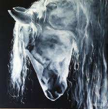 Black And White Horse Painting Painting Of A Beautiful White Horse Started With A Black Background And Painted Layers Of White Reference Photo By Vikar White Horse Black Backgrounds Horses