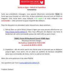 Une spécificité qui convient bien aussi aux priorités vaccinales du moment. Information Coronavirus Vente En Ligne Et Commandes En Librairie Martin Delbert Agen