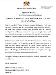 Ketua pengarah kesihatan malaysia, datuk dr noor hisham abdullah mengingatkan rakyat malaysia untuk pastikan penularan. Kenyataan Akhbar Jabatan Kesihatan Negeri Perak Facebook