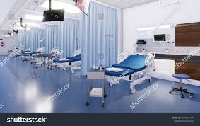 Modern Emergency Room Interior With Row Of Empty Hospital Beds And Various First Aid Medical Equipment With No People Hospital Bed Emergency Room New Hospital