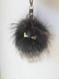 Monster Face Grey Raccoon Fur Keychain Keyring Pompom With Genuine Leather Strap Real Fur Fur Keychain Real Fur Monster Face