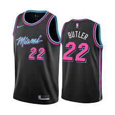 The heat's city edition jerseys are officially nicknamed the vice jerseys because of the color similarities with the logo of the popular 1984 tv while the influence of miami vice on the design is undeniable, the main inspiration came from the bright neon signs that are one of the most defining. Jimmy Butler Miami Heat 22 2019 20 City Black Jersey Youth