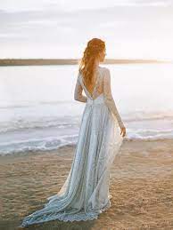 Open Back Bohemian Wedding Dress Long Fitted Sleeves A Line Etsy Grey Wedding Dress Long Sleeve Wedding Dress Lace Trendy Wedding Dresses