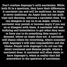 Aspergers Vs Narcissism Both Are Egotistical And Self Centered But Narcissism Tends To Be More About Having Control And A Nee Aspergers Narcissist Narcissism