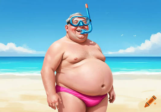 A cartoon illustration of an old, overweight man in a pink speedo and snorkeling gear smiling on a sunny beach. on Craiyon