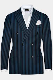 Tiber Blue And Jade Black Striped Wool Blend Double Breasted Blazer