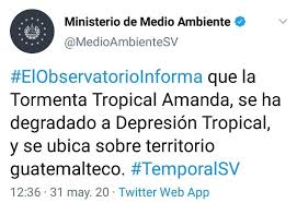 La tormenta tropical amanda fue un ciclón tropical de corta duración, pero devastador que causó inundaciones mortales y deslizamientos de. Tcs Noticias Tormenta Tropical Amanda Se Ha Degradado A Facebook