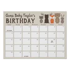 woodland baby shower birthday prediction calendar poster