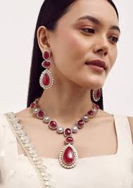 Grand Look Ruby White Stone Diamond Necklace Set For