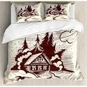 Log Cabin Duvet Cover Set Queen Size, Monochrome Drawing Image of ...