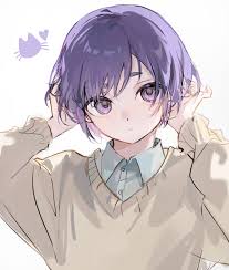 mikage reo, blue lock, highres, 1boy, alternate hair length, alternate  hairstyle, brown sweater, closed mouth, collared shirt, gurikur1, heart,  long sleeves, looking at viewer, male focus, parted lips, purple eyes,  purple hair,