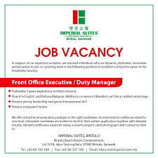 Sila hubungi no tertera untuk maklumat lanjut berkaitan kerja/vacancy. Imperial Suites Bintulu Tanjung Batu Road Bintulu 2021