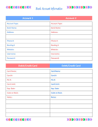 Bank Account Information Accounting Information Credit Card Debit Organization Printables