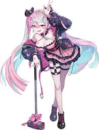 chrono ark, artist request, game cg, highres, non-web source, official art,  1girl, bandaid, blue hair, breasts, choker, dress, earrings, fishnet  thighhighs, fishnets, frilled dress, frills, hair ornament, hammer, jacket,  jewelry, large breasts,