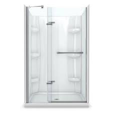Maax Reveal 32 In X 48 In X 76 5 In Center Drain Alcove Shower Kit In White With Frameless Pivot Shower Door In Chrome 105963 000 001 100 The Home Depot Shower Wall Kits