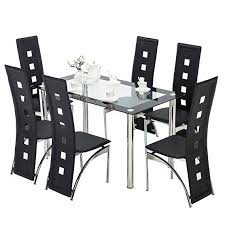 Mecor Glass Dining Table Set 7 Piece Kitchen Table Set With 6 Leather Chairs Metal Legs Black Glass Dining Table Dining Room Table Set Kitchen Table Settings