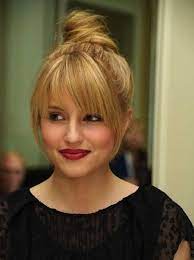 Topknot Updo Hairstyles Updos For Medium Hair Bangs Long Bangs Medium Hair And Bangs Medium Medium Hair Styles Bangs With Medium Hair Short Hair Styles