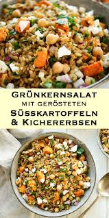 Grunkernsalat Mit Gerosteten Susskartoffeln Kichererbsen Rezept Rezept Kichererbsen Rezepte Kichererbsen Salat Salat Rezepte Kichererbsen