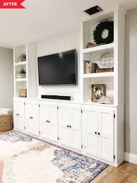 Many new cabinets are made from particle board, which contains formaldehyde, a toxin that can cause eye, nose and respiratory irritation, and even cancer. Diy White Living Room Built Ins Apartment Therapy