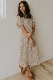 Tan Polka Dot Dress Women S Spring Midi Roolee In 2020 Modest Outfits Fashion Modest Dresses