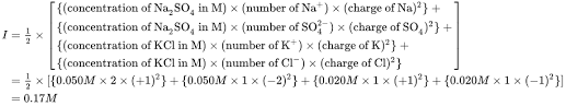 I'm very confused as to how to find the concentration of the remaining solutions, particularly because i am not sure if i am supposed to regard the coefficients that are in the balanced equation (for example, when i balanced the to find concentrations of each ion in solution, you do the following Ionic Strength Wikipedia