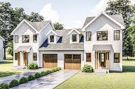 Plan 62771dj Modern Farmhouse Duplex With Extra Deep Garage Family House Plans Duplex House Plans Duplex House Design