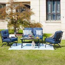 Patio Festival 4 Piece Metal Patio Conversation Set With Blue Cushions Pf19003 103 B The Home Depot Patio Furniture Conversation Sets Conversation Set Patio Outdoor Furniture Sets