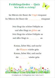 Die kinderlieder, zu denen du hier die texte, noten und hörbeispiele zum kostenlosen download finden, sind alle gemeingut. Fruhlingslieder Quiz