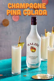 It makes such delicious, easy cocktail recipes from frozen pina coladas and daiquiris to great punch for parties. Malibu Champagne Pina Colada 1 Part Malibu 5 Part Pineapple Syrup 1 1 Pineapple Juice To Sugar 5 Part Coc Coconut Rum Drinks Alcohol Recipes Malibu Drinks