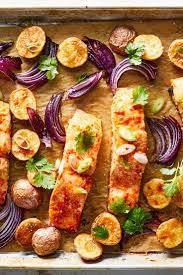 Sheet Pan Harissa Salmon With Potatoes And Citrus Recipe Recipe Recipes Harissa Salmon Citrus Recipes