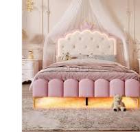 Lit rembourré 140x200 cm avec LED - matériau cuir PU - avec sommier à  lattes - Rose