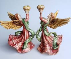 Christmas Angel Candle Holders Antiqued Resin Elaborate Dress Upraised Arms Christmas Angels Angel Candle Holder Candle Holders