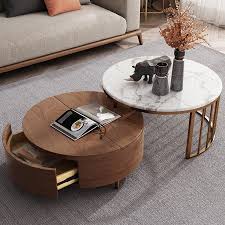 Modern White Walnut White Round Coffee Table With Storage Wood Rotating Marble Nesting Coffee Table In Rose Gold Set Of 2 In 2020 White Round Coffee Table Coffee Table