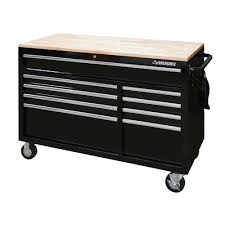 Husky 52 In W 9 Drawer Deep Tool Chest Mobile Workbench In Gloss Black With Hardwood Top Hotc5209b11m The Home Depot Mobile Workbench Workbench Plans Diy Workbench
