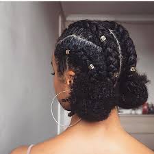 Natural Hair Gold Adornments Cornrows And Two Buns Perfect Transition Into F Protective Hairstyles For Natural Hair Natural Hair Styles Curly Hair Styles