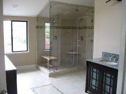 Steam Shower 4x6 With Slanted Ceiling And Glass Enclosure Teak Bench Pulled In Wh Basement Bathroom Remodeling Bathroom Remodel Shower Simple Bathroom Remodel